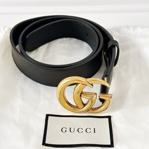 Gucci Black Leather Belt with Gold Interlocking G Buckle